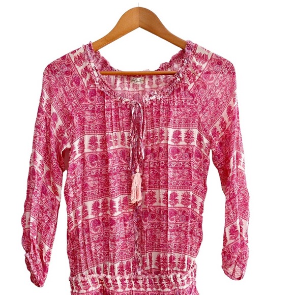 LOVESHACKFANCY Paisley Print Ruffle Pink Popover Mini Dress Large - Picture 3 of 9